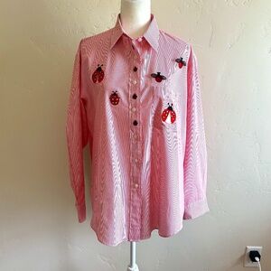 Vintage Get Lucky striped embroidered Ladybug button up shirt size L